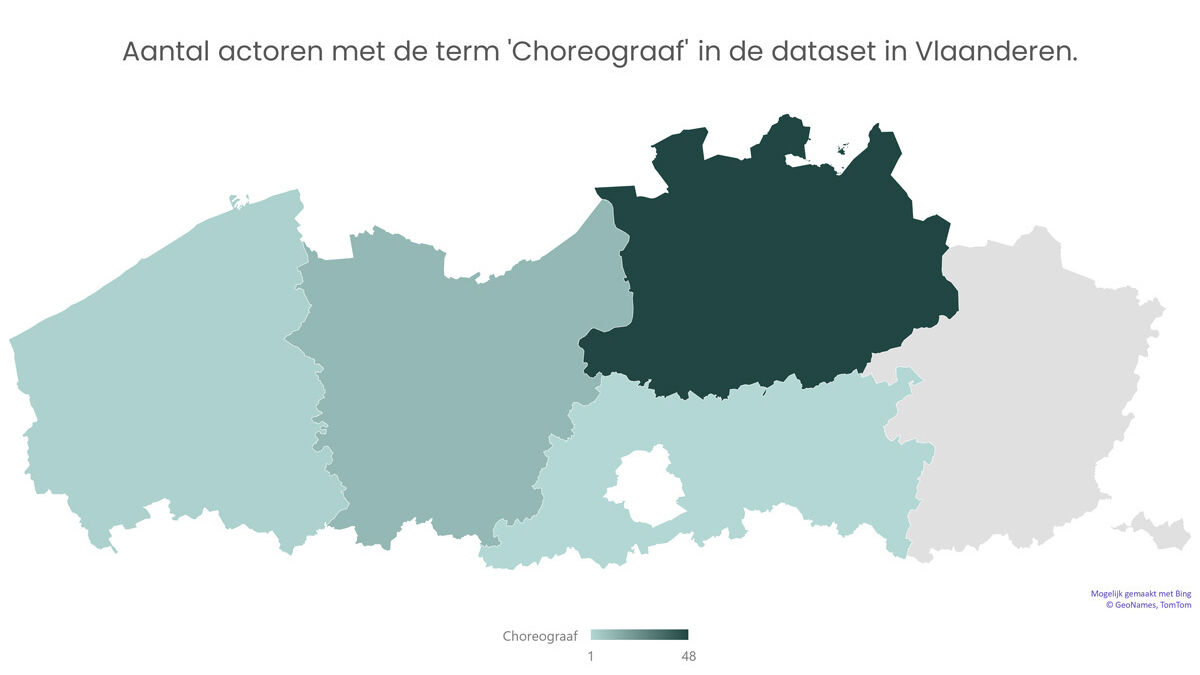 Kaart van Vlaanderen waarop is aangeduid hoeveel actoren met de term 'choreograaf' in de dataset zitten per provincie. Van hoogste naar laagste concentratie: Antwerpen, Oost-Vlaanderen, West-Vlaanderen en Vlaams-Brabant. Voor Limburg zijn er geen data.