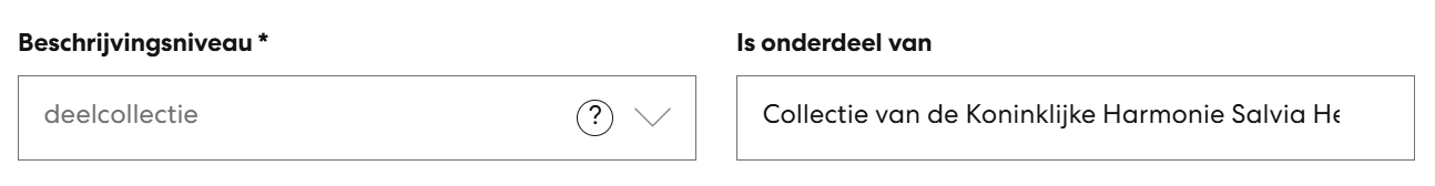 Als beschrijvingsniveau werd 'deelcollectie' gekozen. Vervolgens werd dit gekoppeld aan de fiche met de titel 'Collectie van de Koninklijke Harmonie Salvia Heers'.